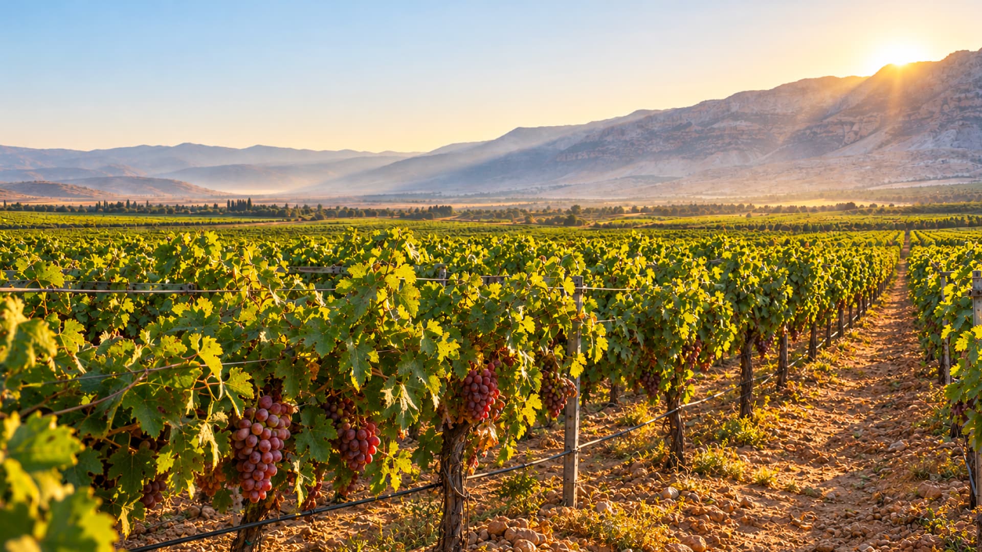 Sunlit vineyard rows stretching toward the hills